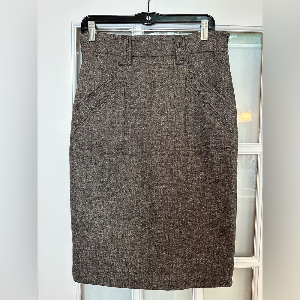 Vintage W by Worth Wool Silk Earthy Neutrals Minimalist Midi Pencil Skirt Size 4